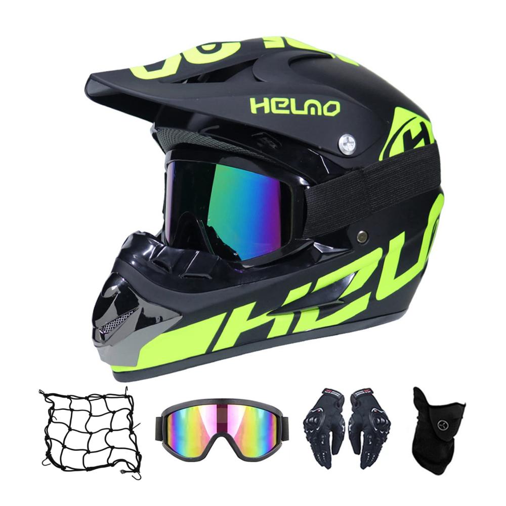 Motocross Helm Set Profi Motorradhelm mit Schutzbrille Handschuhen Maske – Straßenrennen & Off-Road-Helm für Erwachsene – Grün S