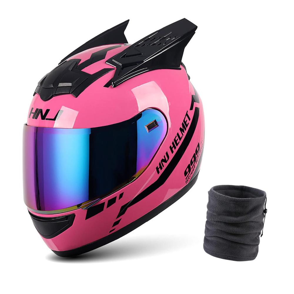 Damen Motorradhelm mit Modischen Hörnern | Kompakter Leichter Integralhelm und Kostenlose Halsbänder | Stylischer Damen Integralhelm für Motorradfahren mit Gratis Zubehör