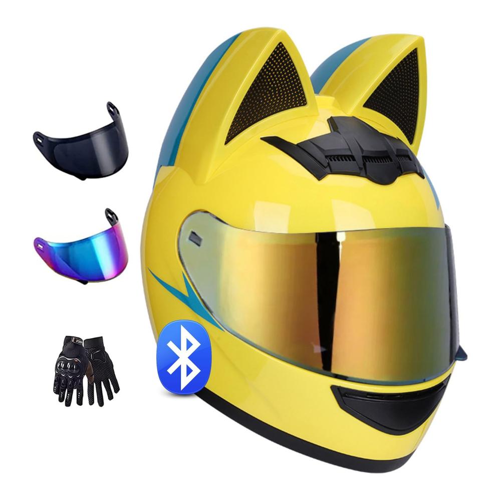 Katzenohr-Integralhelm Bluetooth Motorradhelm für Erwachsene – DOT/ECE-zugelassener Sturzhelm für Männer & Frauen ganzjährig geeignet sicher und stylisch