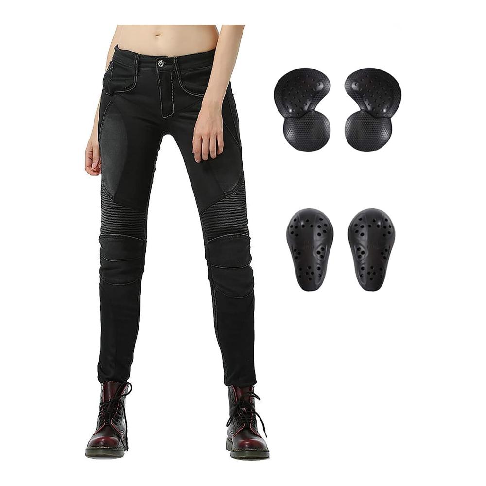 Motorradhose Damen Sportliche Motorrad Jeans mit Geradem Bein und Abnehmbaren CE Protektoren für Hüfte und Knie Schwarz L - Schutzhose für Motorräder