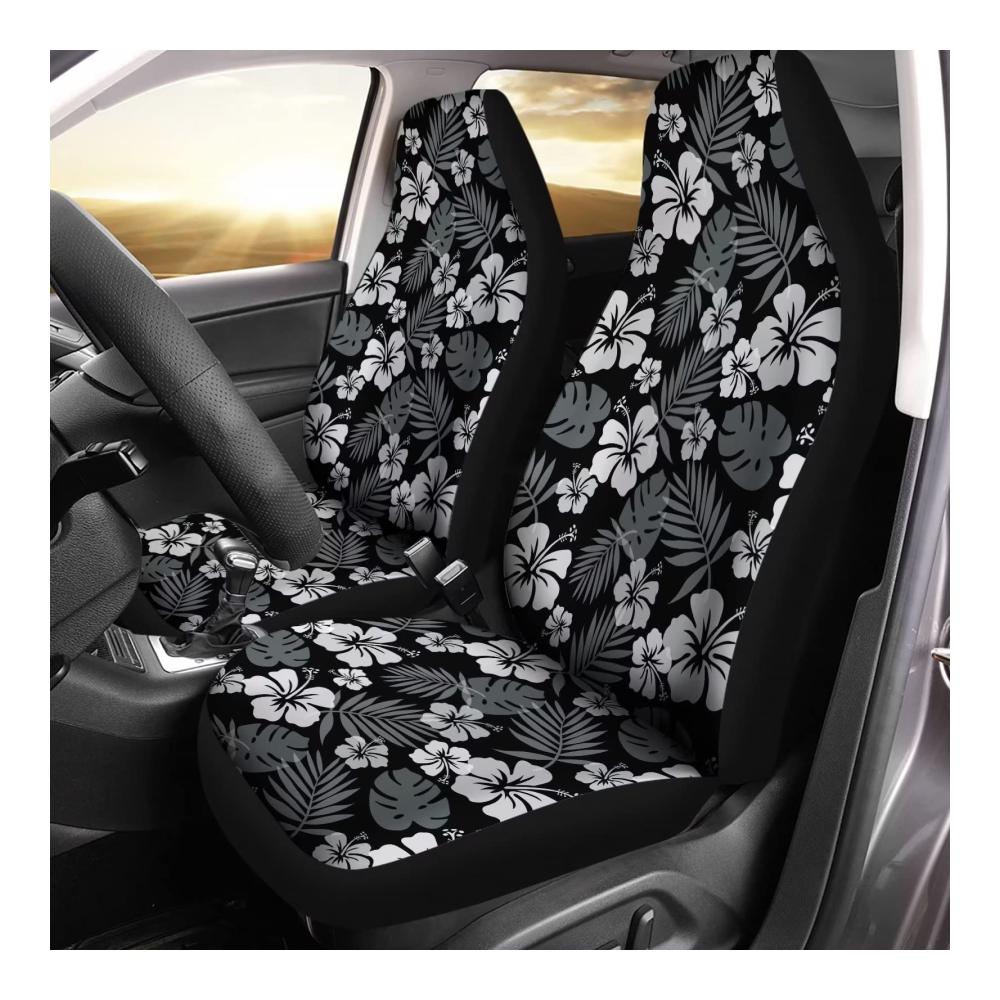 2er Set Auto Sitzbezüge Hibiskus Monstera Schwarz – Universelle Sportliche Schonbezüge für Vordersitze 52x138 cm Passend für Autos Fahrzeuge & Anhänger