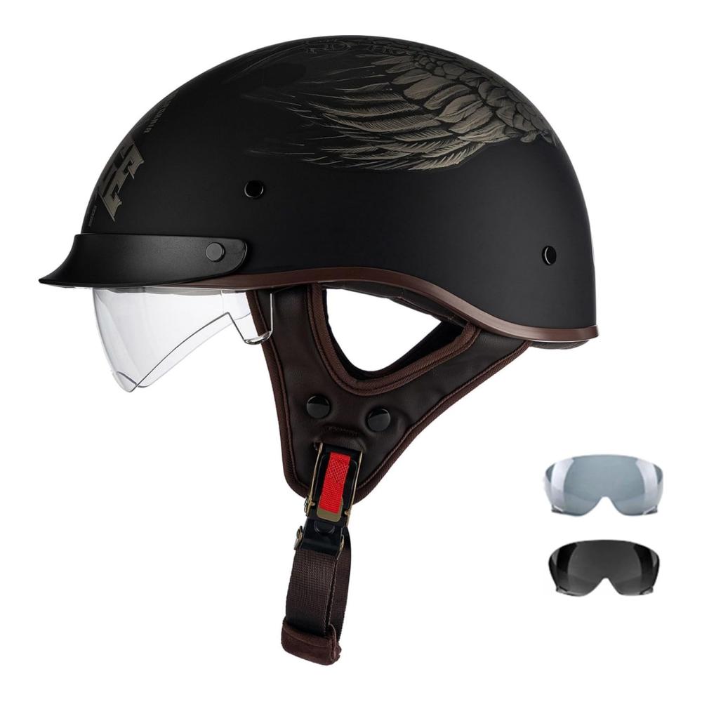 Retro Deutsche Halbhelm Vintage 3/4 Motorradhelm Mit Visier Brille | Klassischer Jethelm Für Cruiser & Scooter | ECE-Zulassung | XXL 63-64cm