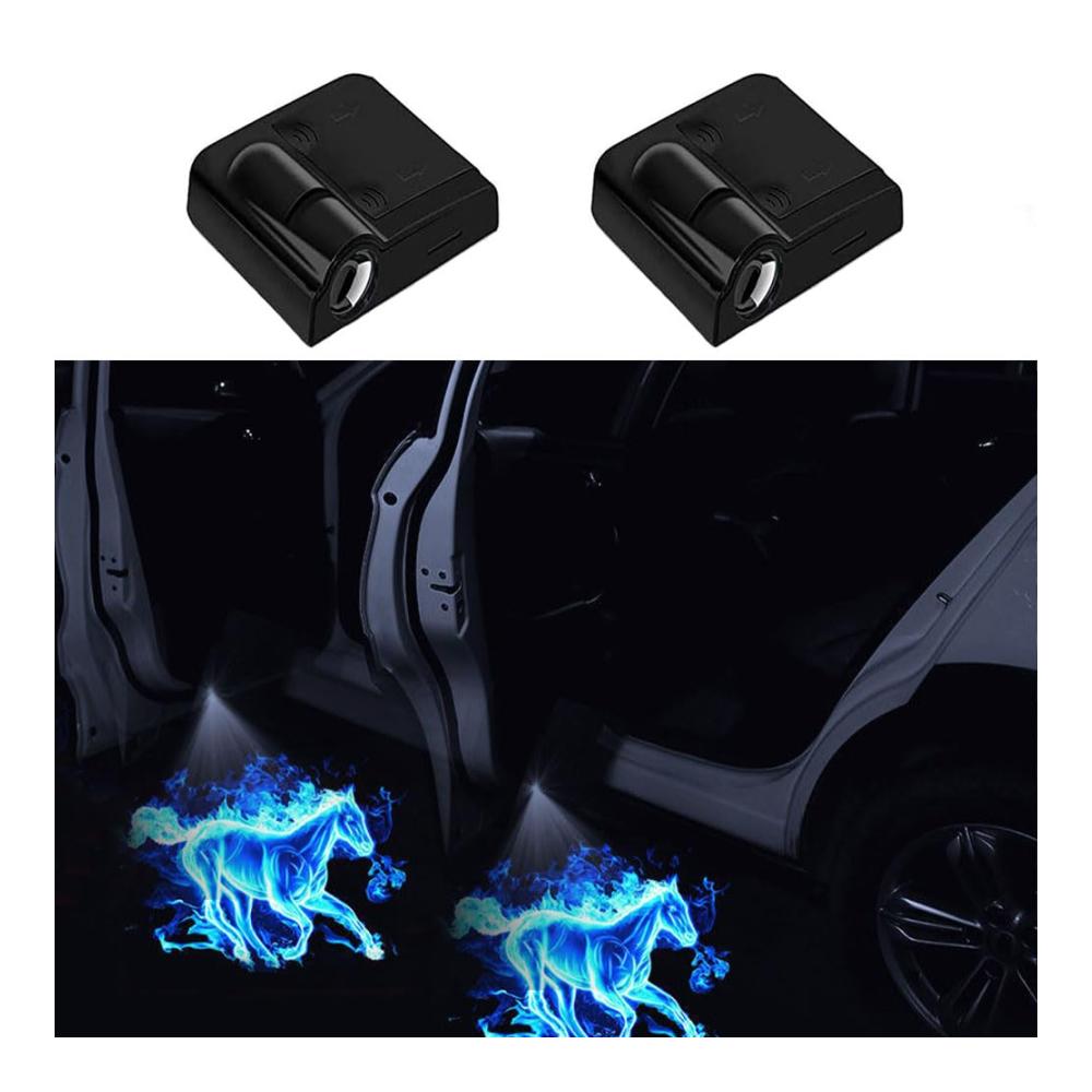 2 Stück Auto Tür Logo Projektor Licht - HD LED Innenbeleuchtung für Autos Universal Drahtloses Willkommenslicht Blaues Pferd Design Für Alle Fahrzeuge