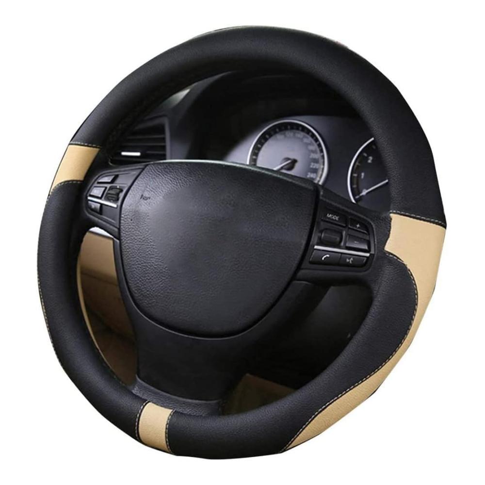 Sportliche Lenkradhülle aus Leder 38cm Auto Styling Schwarz Beige Umweltfreundlich Geruchsneutral für Autos Luxus Schutzhülle