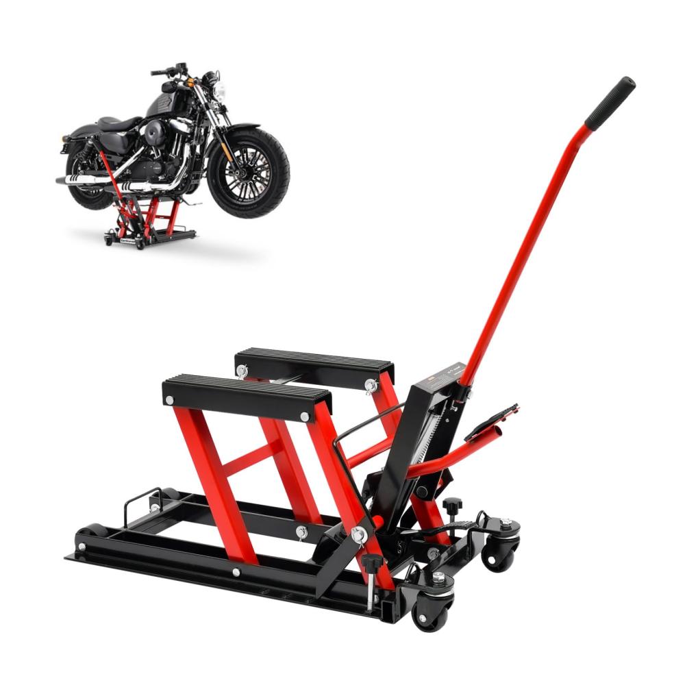 Motorradhebebühne Hydraulisch bis 680 kg Belastbar – Klappbarer Motorradheber mit Gummierten Trageflächen und Einfacher Bedienung – Robuster Montagebock Rot