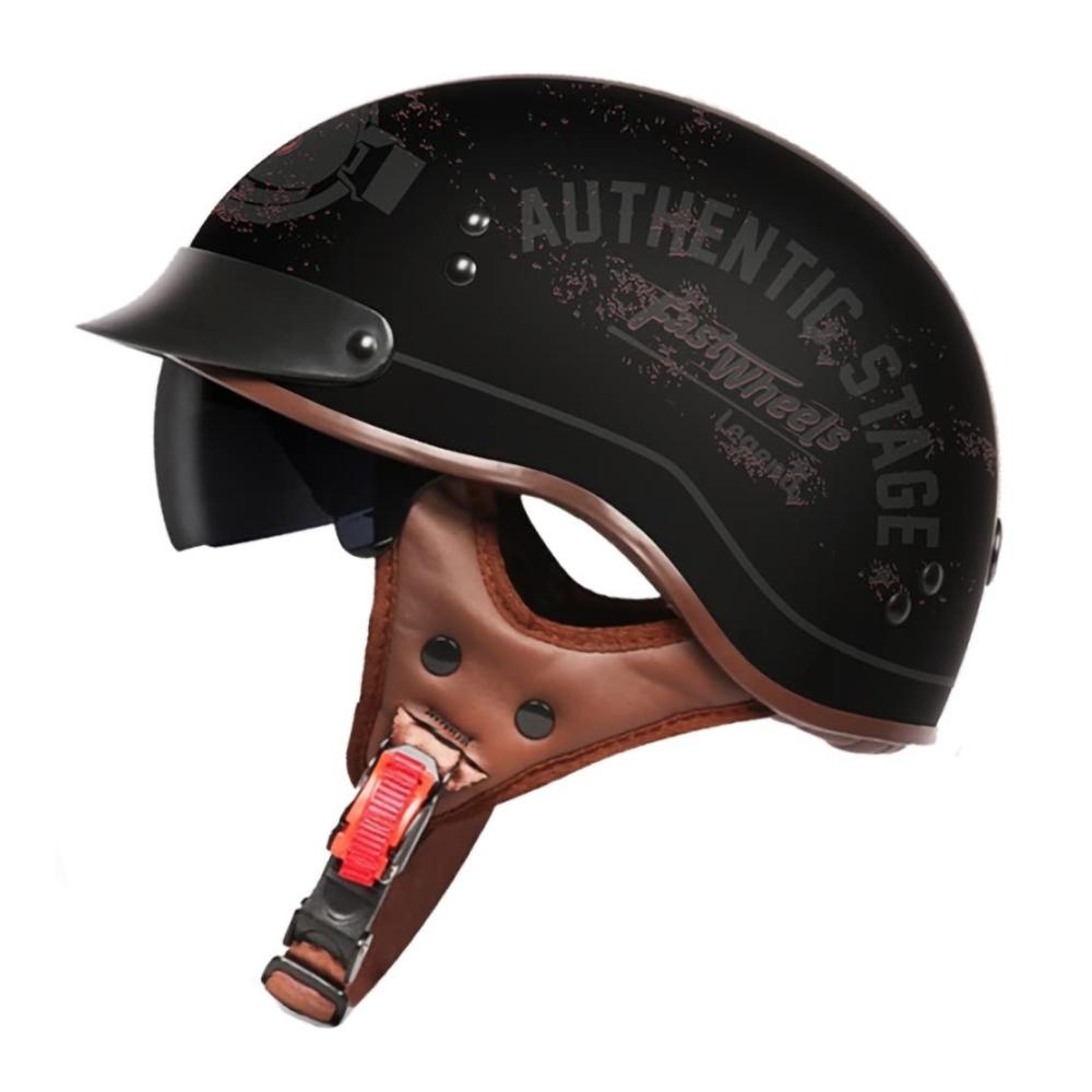 Halbschalen Jethelm Retro mit ECE-Zulassung – Chopper Motorrad Helm Scooter-Mofa-Helm mit integriertem Visier für Fahrrad Roller & Skateboard
