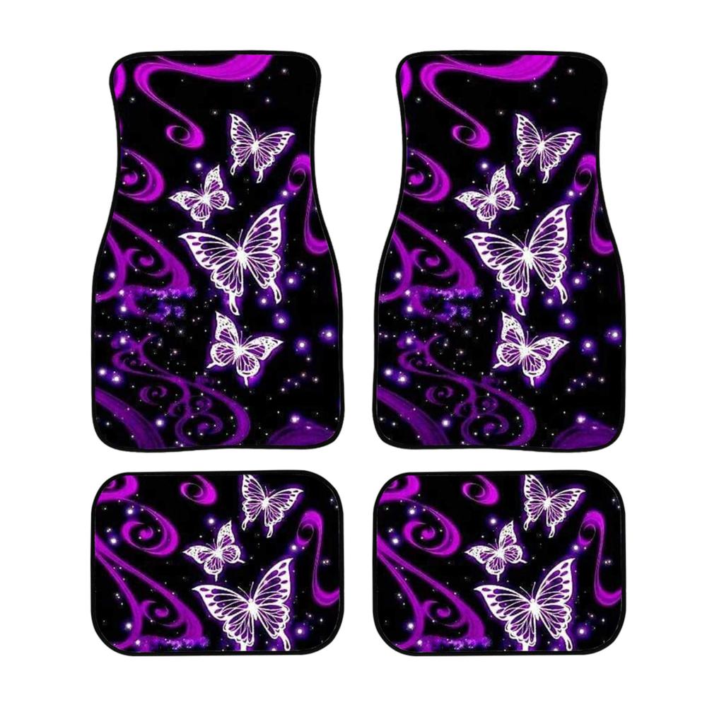 Galaxy Lila Schmetterling Fußmatten Set – Weiche Gummi Auto Fußmatten Rutschfest für vorne & hinten Auto Zubehör Teppich für Frauen & Männer 4-teilig