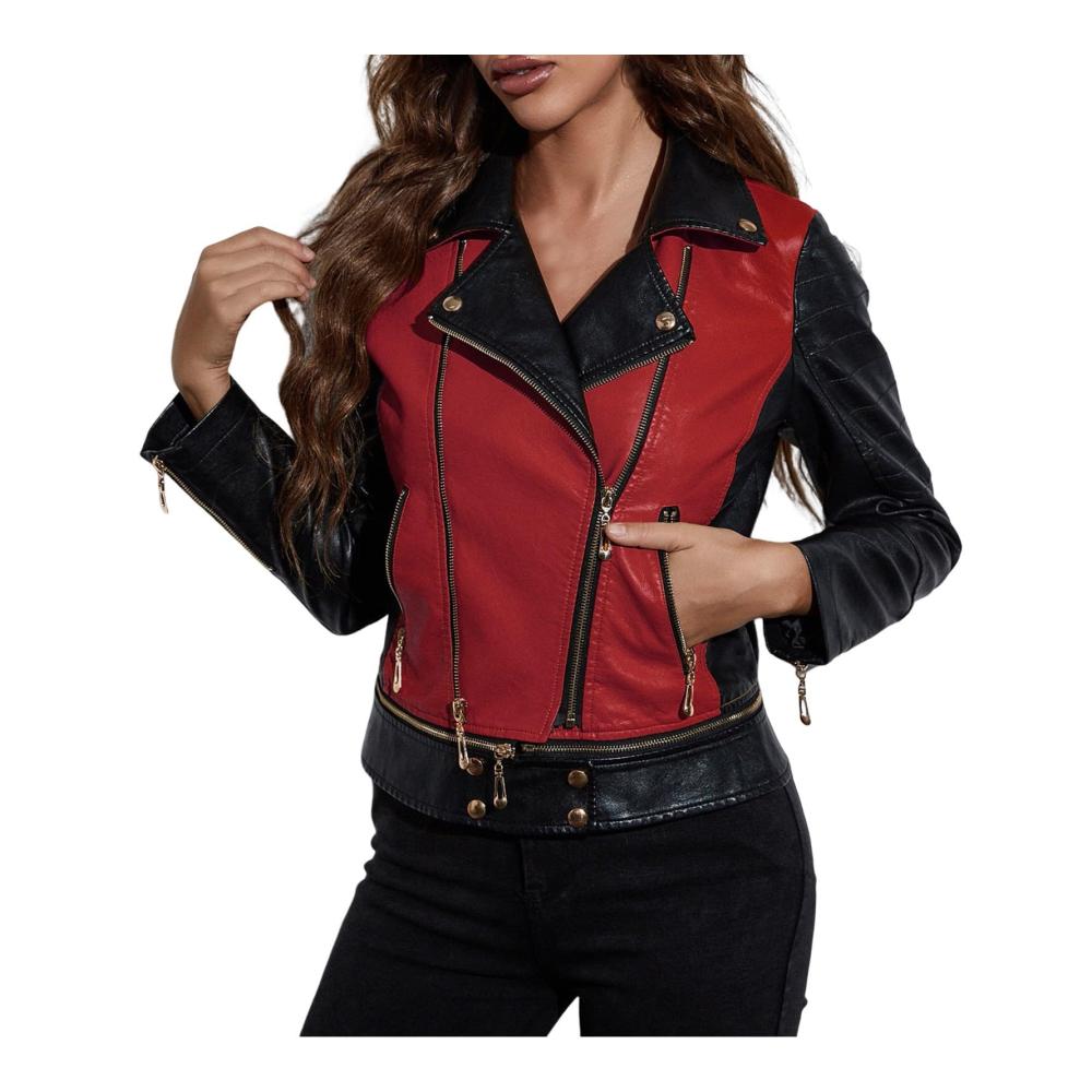 Elegante Lederjacke Damen Rot Kurz Oversize Leicht & Warm Kunstleder Motorradjacke Dünn Ideal für Herbst Große Größen Reißverschluss Ausgefallen