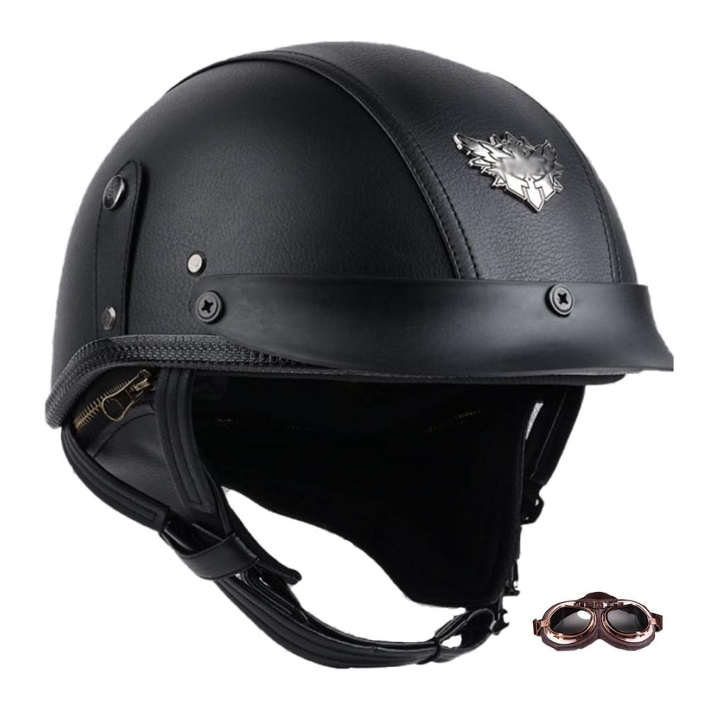 Retro Motorrad Halbhelme Leder | Halbhelm Deutscher Stil | Roller Anti-Collision Helm | PU-Leder Moped Helm DOT/ECE Zertifiziert | Größe 55-57 cm