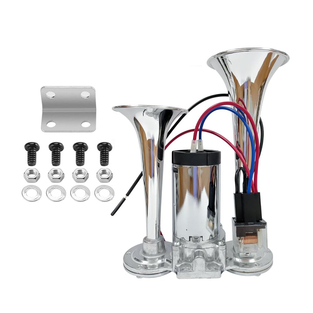 12V LKW Hupe 150dB Druckluft Horn Doppelrohr Elektropumpe für PKW Van Boot Zug & Auto – Kraftvolles Signalhorn Silber