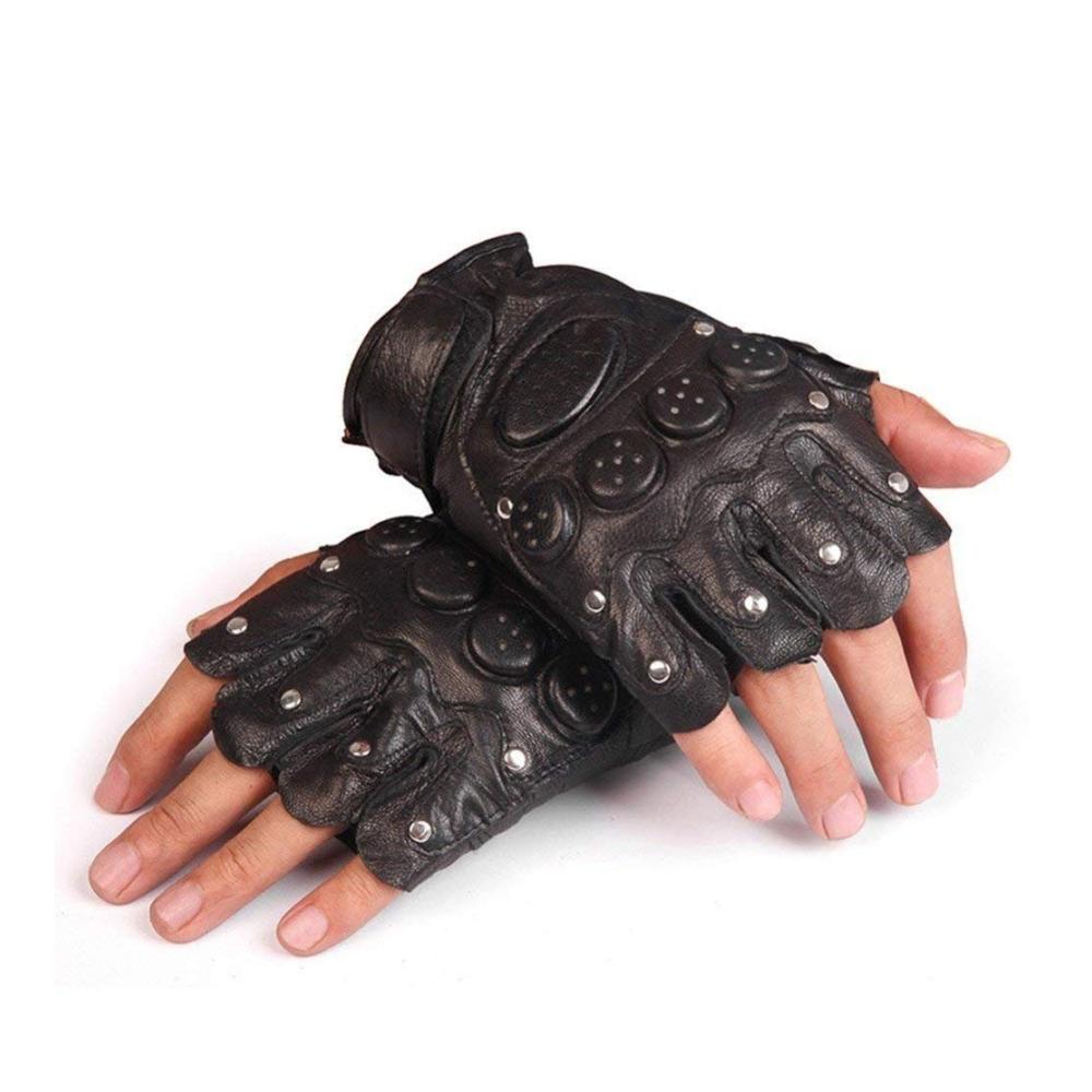 Herren Fingerlose Halbfinger Lederhandschuhe für Motorrad & Radfahren - Ideal als Motorradhandschuhe für Outdoor-Aktivitäten & Schutz bei Fahrt