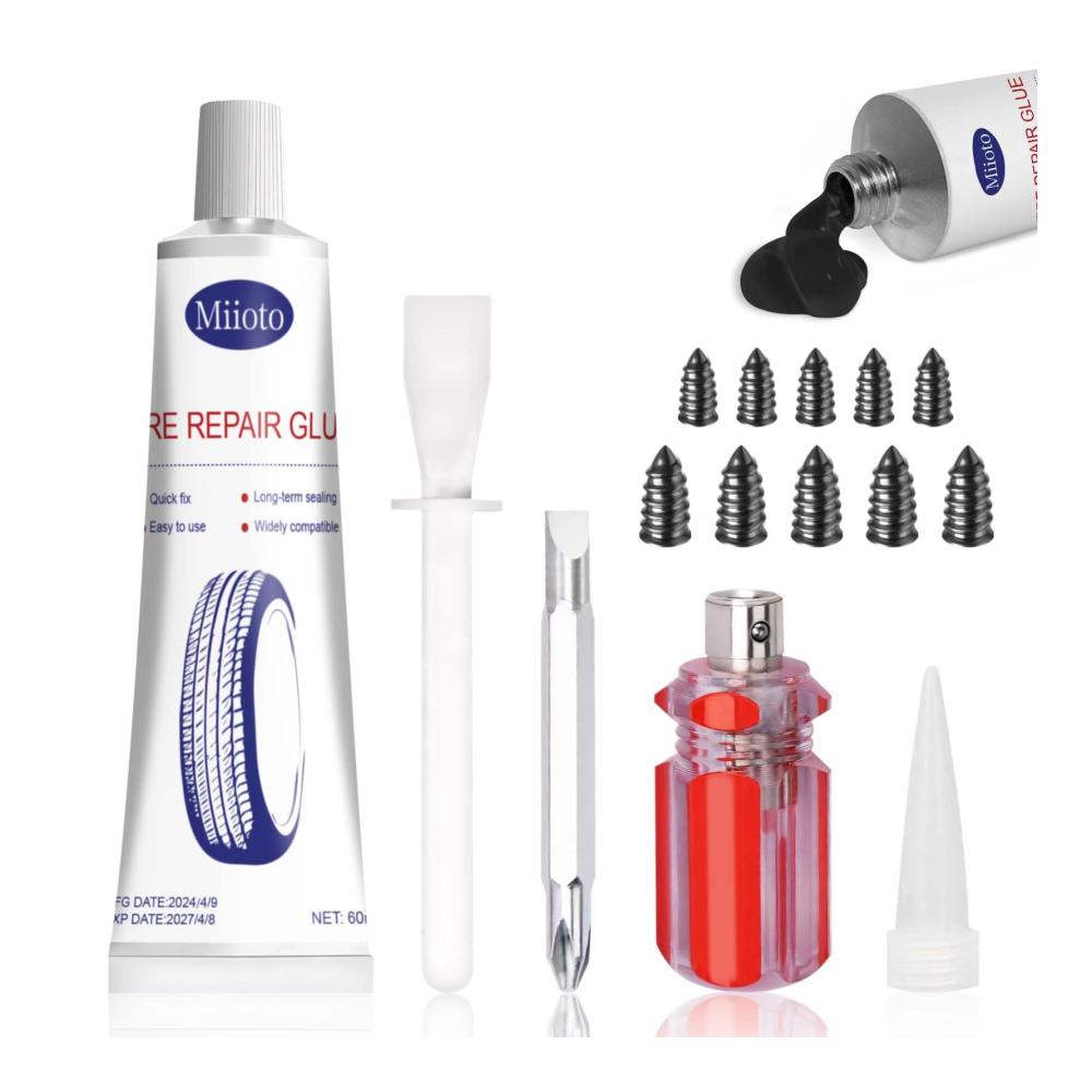 Reifendichtmittel 50ml – Schnelle Reifenreparatur mit Gummikleber inklusive 10 Reifenreparaturnägeln & Zubehör für Löcher Risse und Abblätterungen in Autoreifen