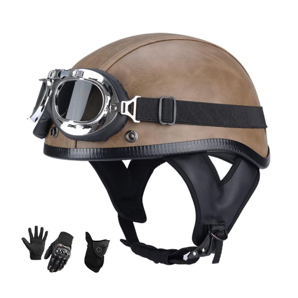 Halbschalenjethelm ECE-zertifiziert mit Leder Brille und ABS-Schale für Motorrad Scooter & Cruiser Unisex 56-61CM mit Schnellverschlussgurt