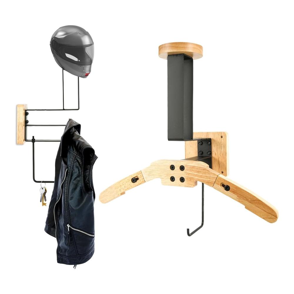 Holz Helm Rack für Motorrad- und Sporthelme Wandhalterung mit Kleiderbügel für Baseball- und Fußballhelme stabiler Holzhelmhalter für Heim- und Garage