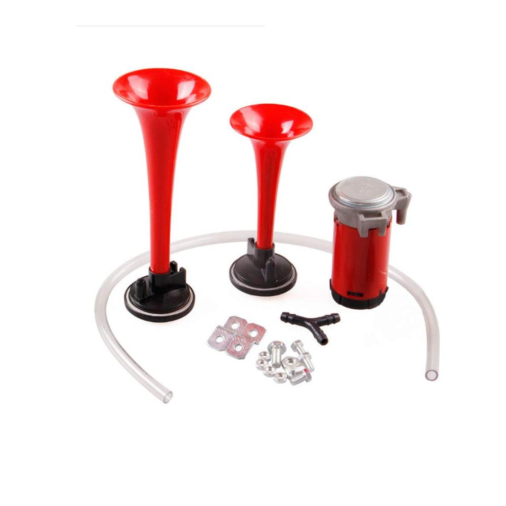 12V / 24V Drucklufthupe mit 2 Trompeten und Kompressor - 115dB Super laute Autohupe für PKWs Motorräder LKWs Züge Boote Fahrzeuge - Rot