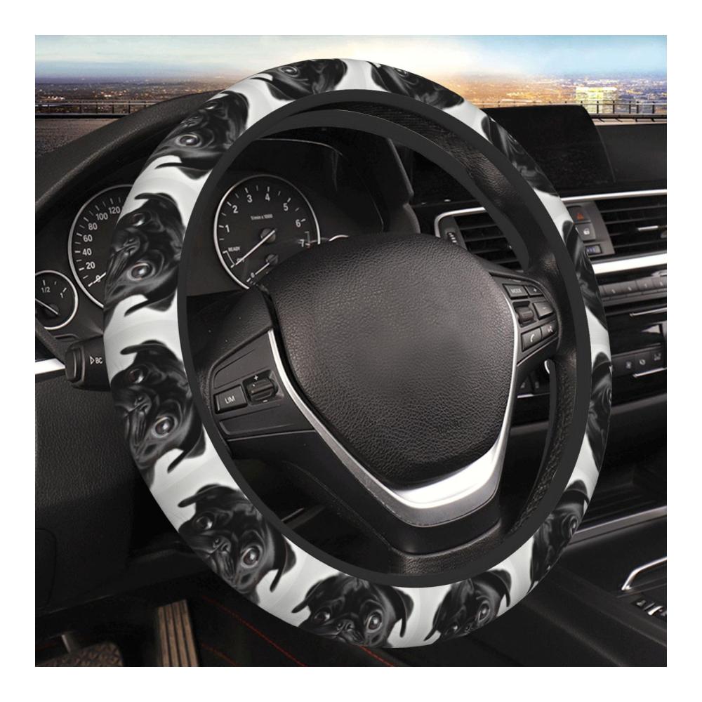 Elastische Lenkradhülle für Auto – Niedlicher schwarzer Mops Universal 381 cm Stretch Lenkradbezug Auto-Innenzubehör Lenkradschutz Lenkraddekoration