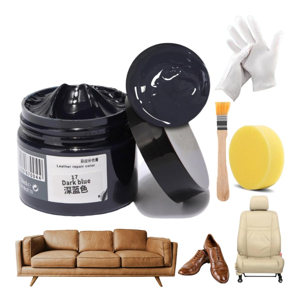 Leder- & Polsterreiniger Set – Leder Recoloring Creme Reparatur Balsam Füller Pflege Restorer inkl. Handschuhe Bürste Schwamm für Kratzer (Dunkelblau)