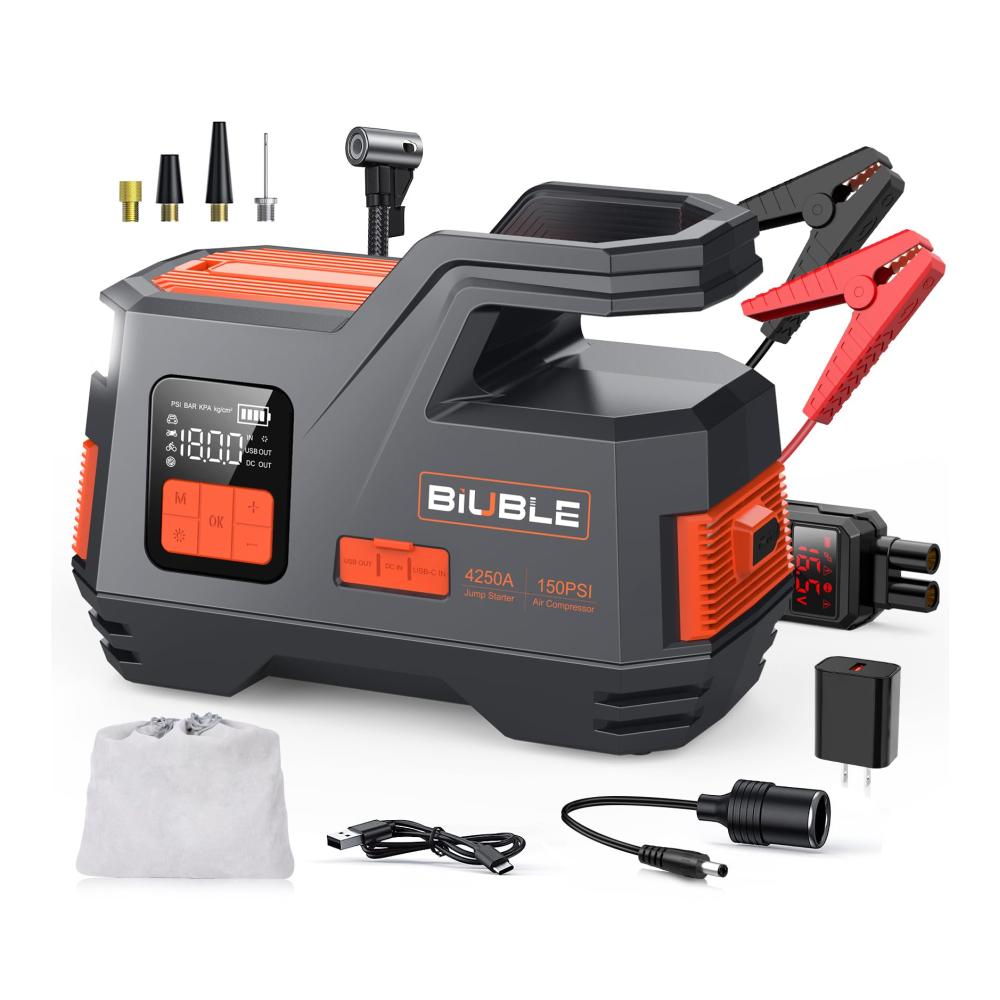Tragbare Auto Starthilfe mit Luftkompressor 4500A 26800mAh - Notstromgerät für 12V Motoren - Inflator bis 150PSI für Gas & Diesel - Kompakter Batteriestarter & Power Pack für jedes Fahrzeug