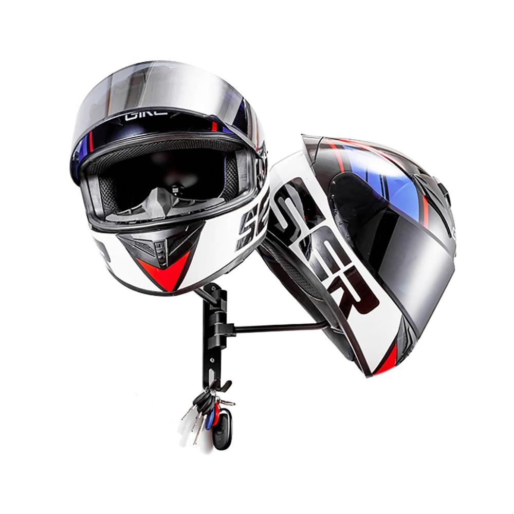 Multifunktionaler Halbhelmständer für Motorrad - 180 Grad drehbarer Helmhalter aus Aluminium mit 2 Haken für Jacken und Volleyball - Schwarz