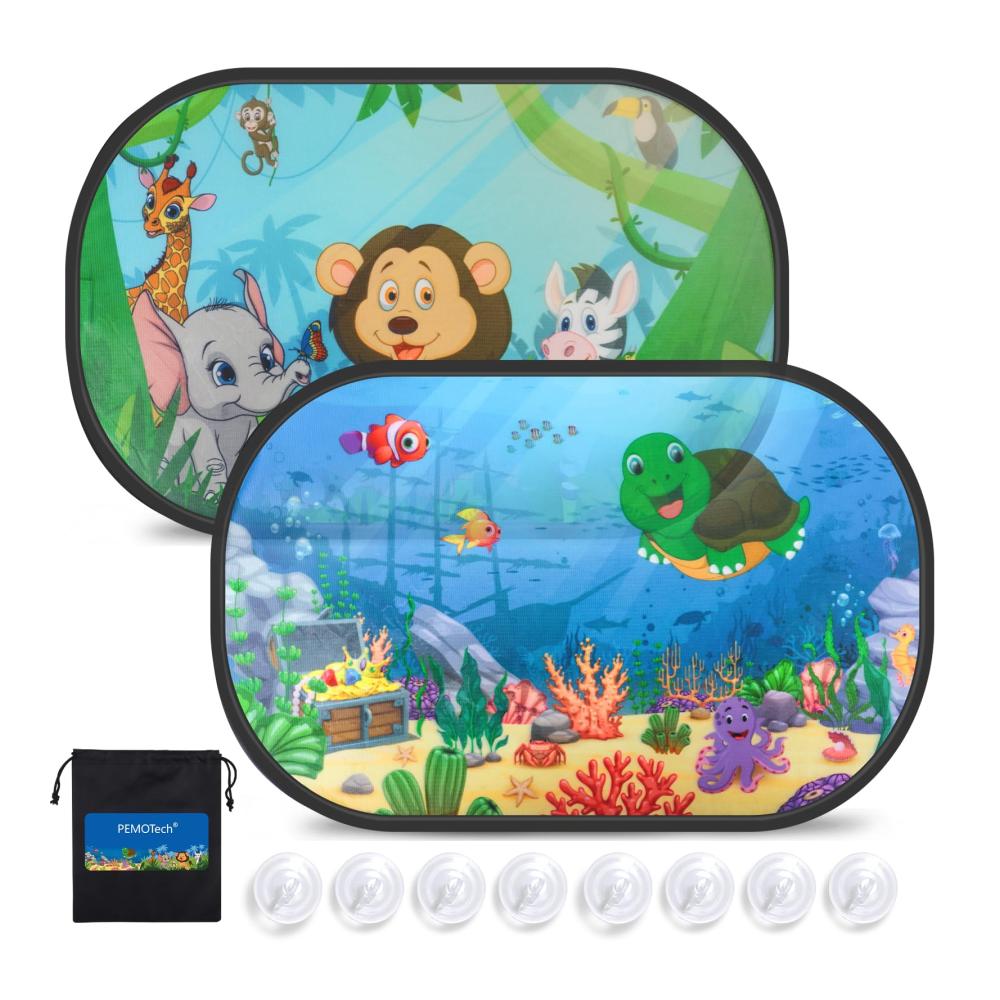 Sonnenschutz Auto Baby UV Schutz UPF 50 Seitenscheibe mit 8 Saugnäpfen - 2er Set für Kinder mit süßen Tiermotiven Universal passend für fast alle Autos