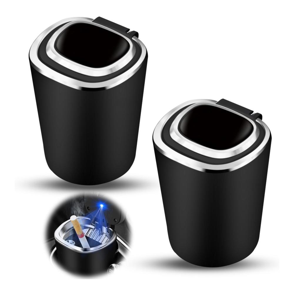 2 Stück LED Aschenbecher für Auto tragbarer Edelstahl Reiseaschenbecher mit Deckel schwarz – für Auto Haus & Büro eleganter Aschenbecher mit Licht