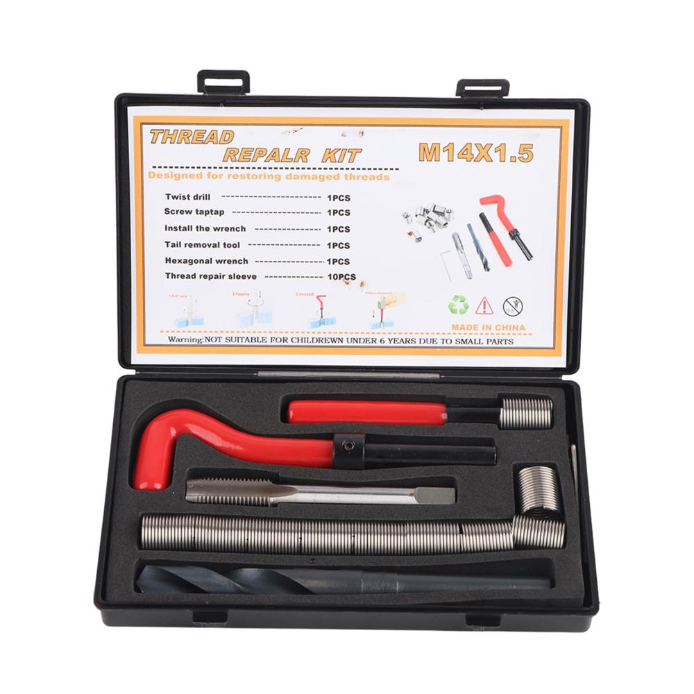 15-teiliges Gewindereparaturset für M14x15 - Professionelles Helicoil-Gewindereparaturwerkzeug für Innengewinde abisoliert und vielseitig einsetzbar