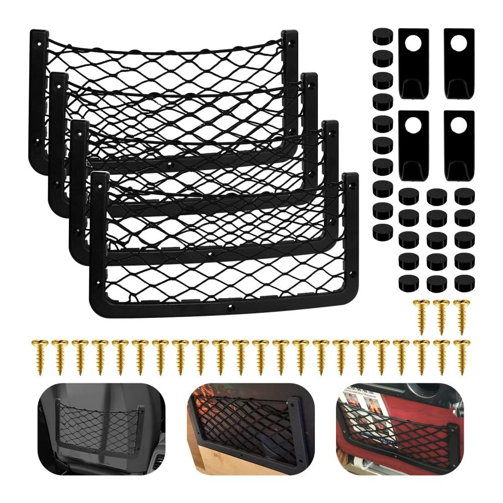 Auto Aufbewahrungsnetz 4 Stück – Universal Kfz Organizer Netz für Gepäcknetz Wohnmobil Wandtasche Ablagenetz mit Haken & Schrauben Kofferraumnetz für Autositz