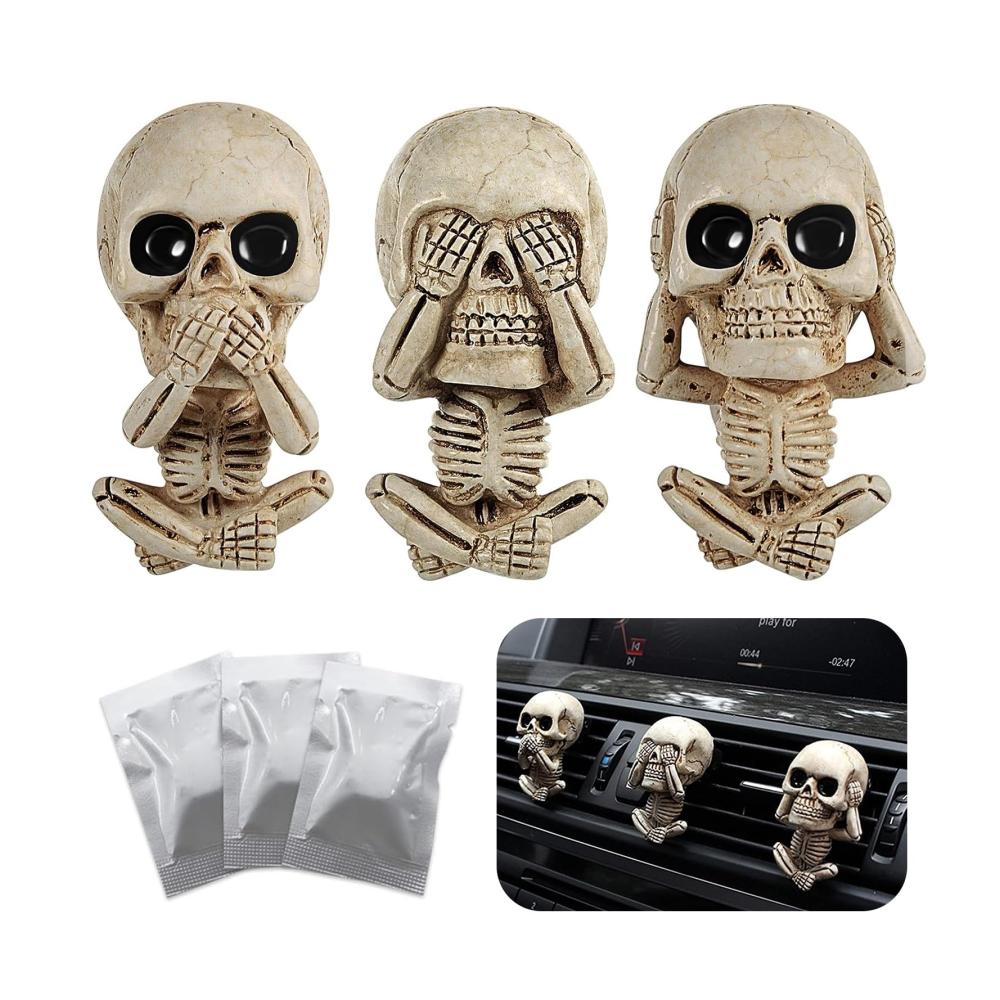 3 Stück Auto Duft Lufterfrischer Totenkopf Diffuser Set – Skull Aromatherapie Öl Diffusor für Auto & Haus – Inklusive 3 Dufttabletten – Geschenk & Dekoration für Männer und Frauen