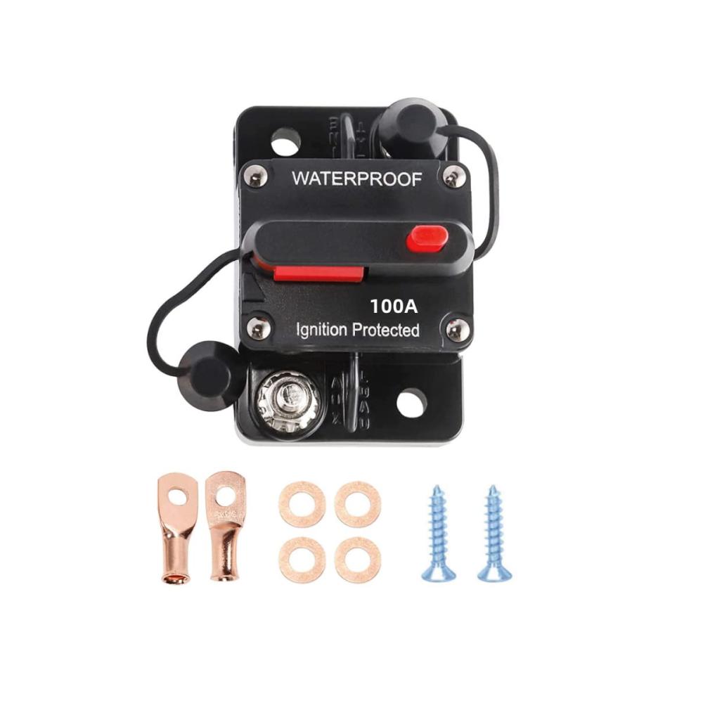 Schutzschalter 100A Rot Auto Kfz Sicherungshalter DC 12-48V Wasserdicht Leistungsschalter mit Manuellem Reset und Kabelschuhen für Auto Boot Motor